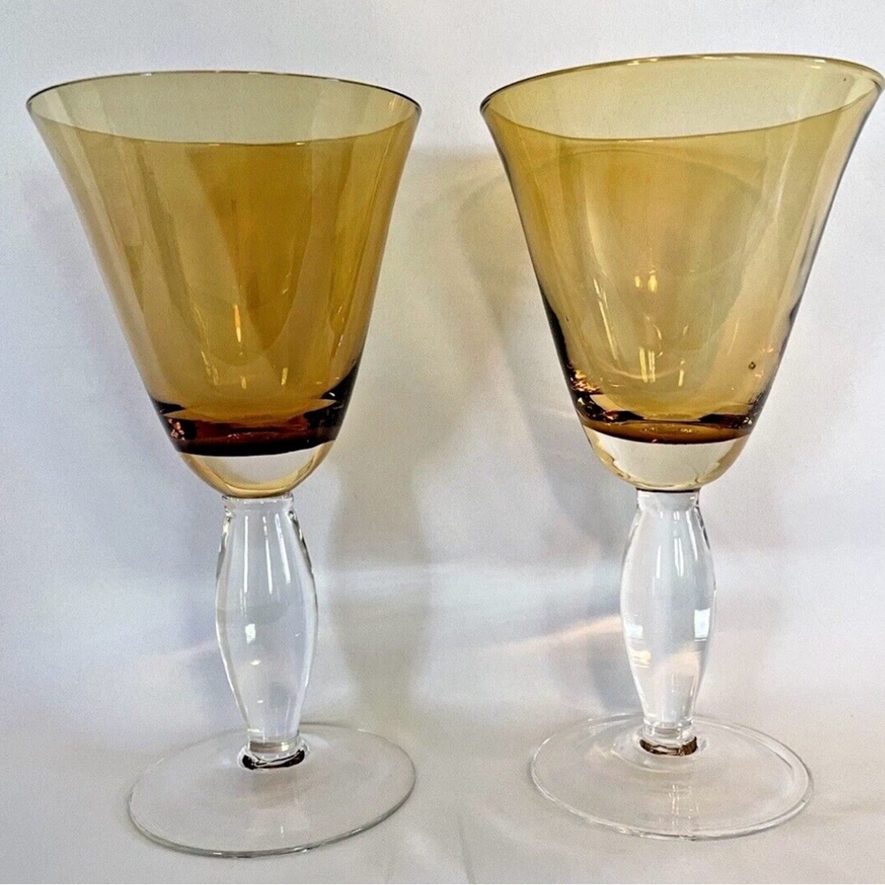 Set of 2 Large 7.75" Signed Artisan Amber MCM Goblets - UV Manganese Glow